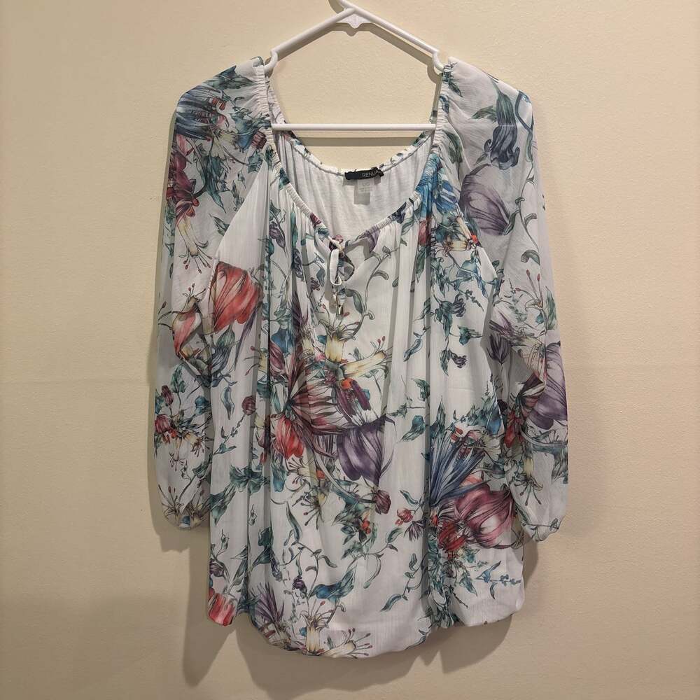 Renua White Floral Sheer Long Sleeve Blouse - Size Large